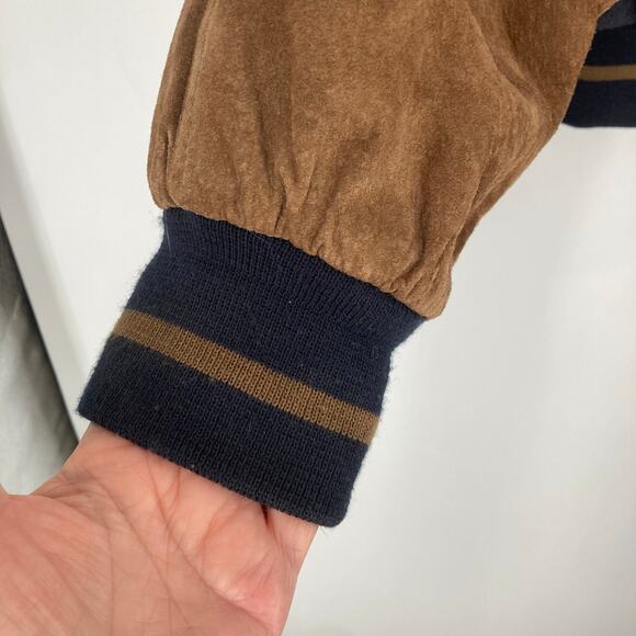 Round tree & York Vintage 90s Y2K Leather Bomber Varsity Black Brown Elbow Patch - Picture 4 of 14